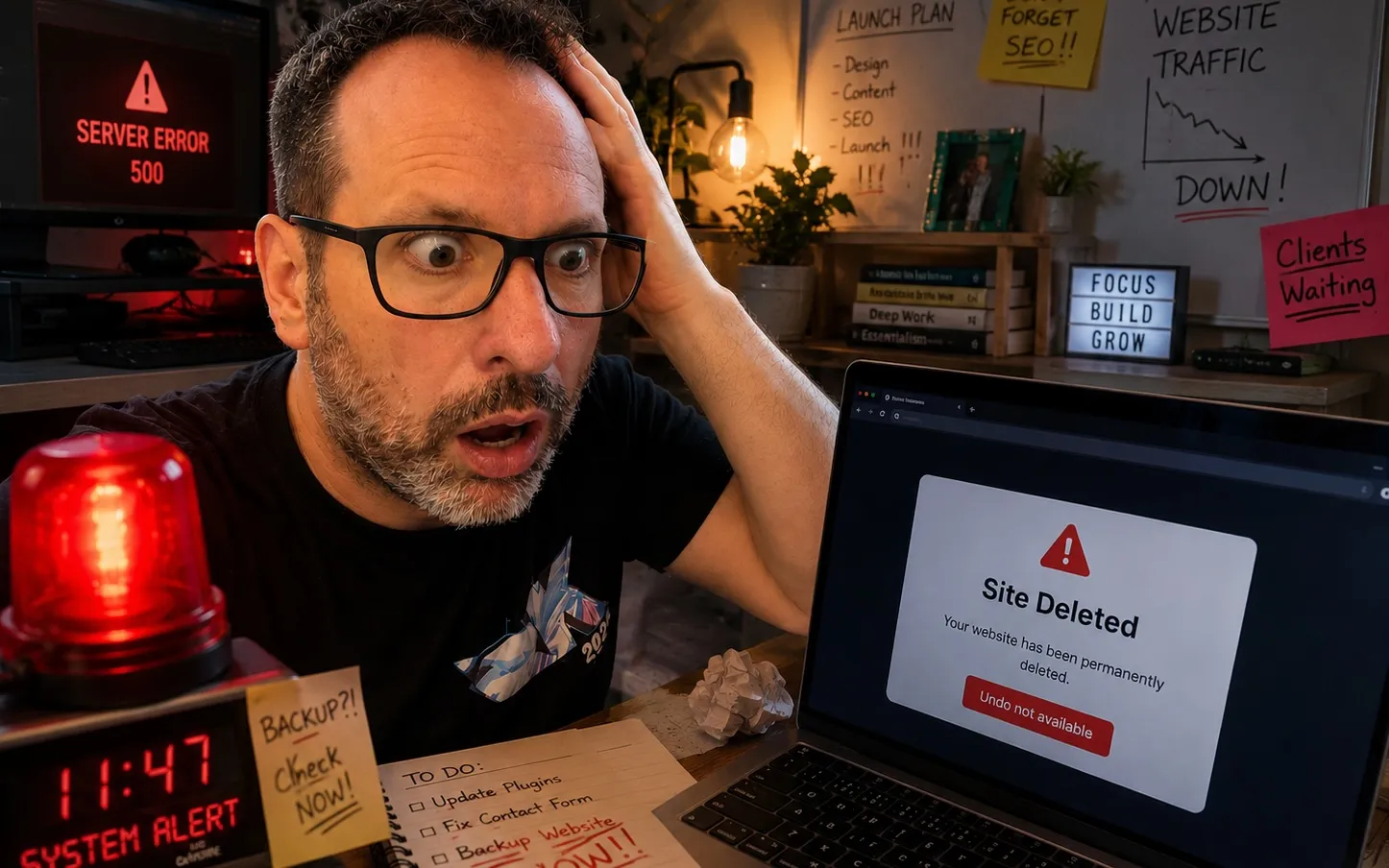 Me looking horrified at a laptop reading 'Site Deleted. Undo not available.'